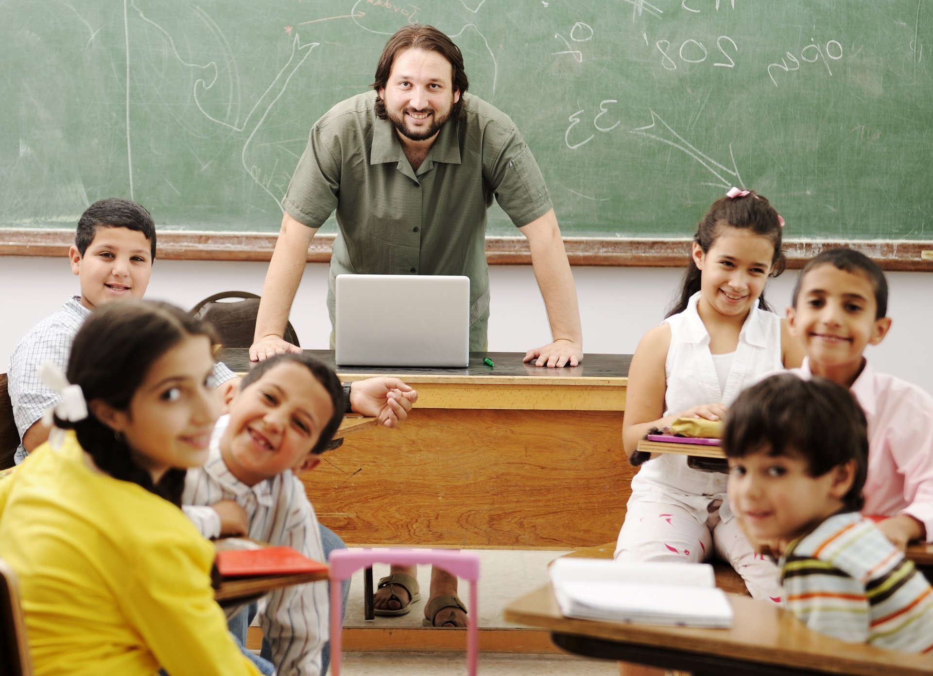 Teacher at the front of a classroom of students