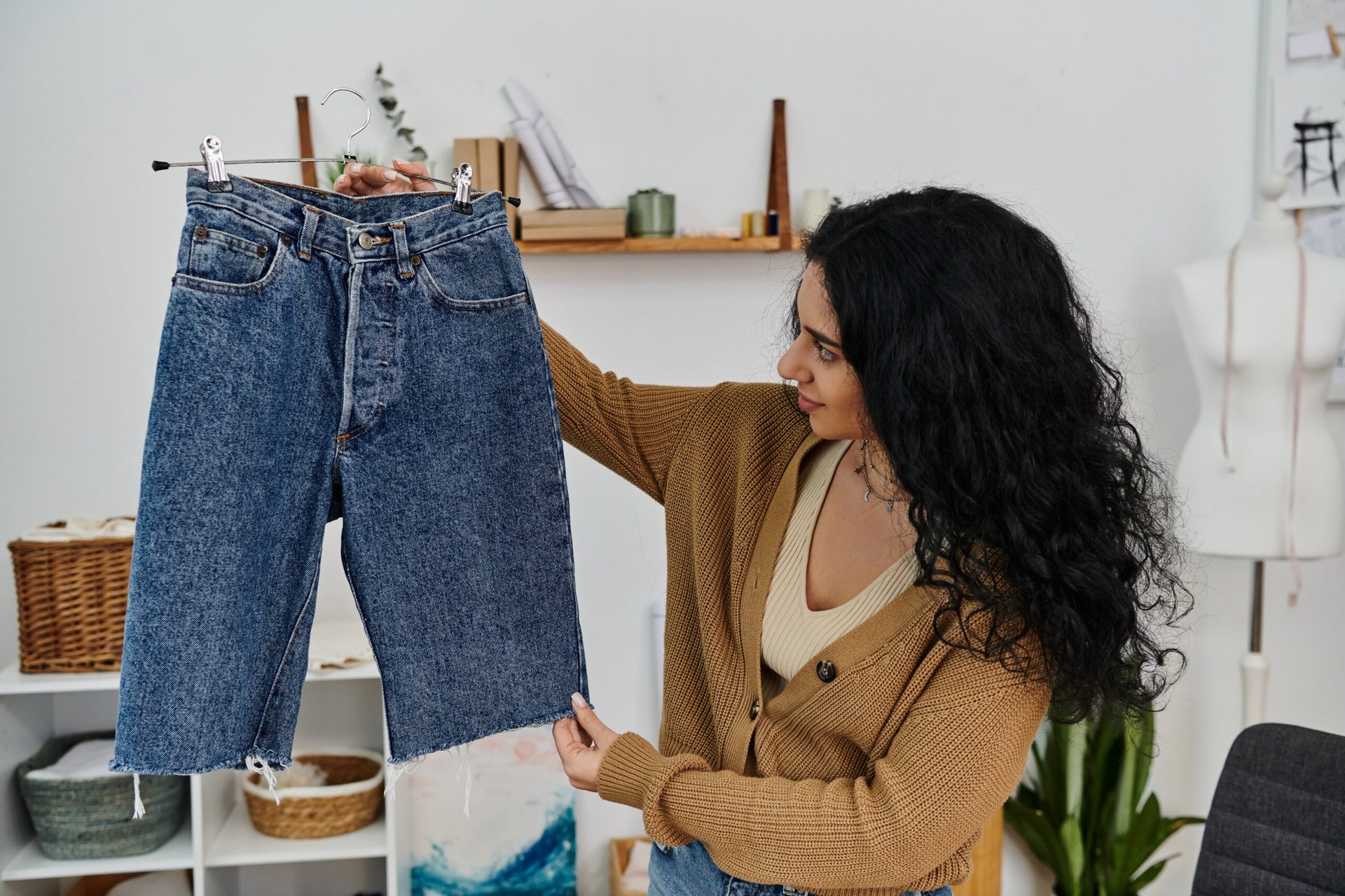 Woman creatively upcycles jeans, showcasing sustainable fashion.