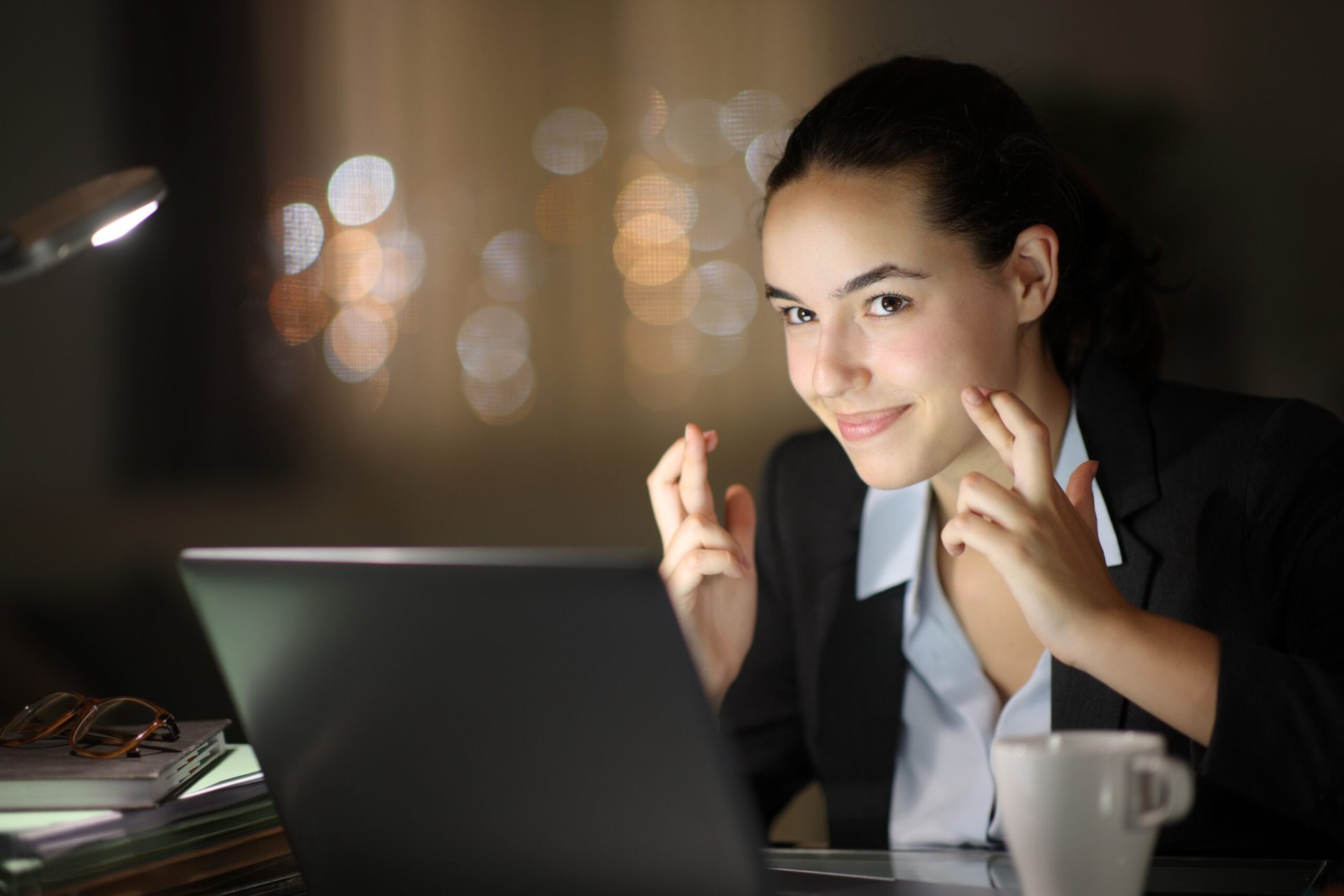 Hopeful businesswoman crossing her fingers and watching laptop waiting for good news