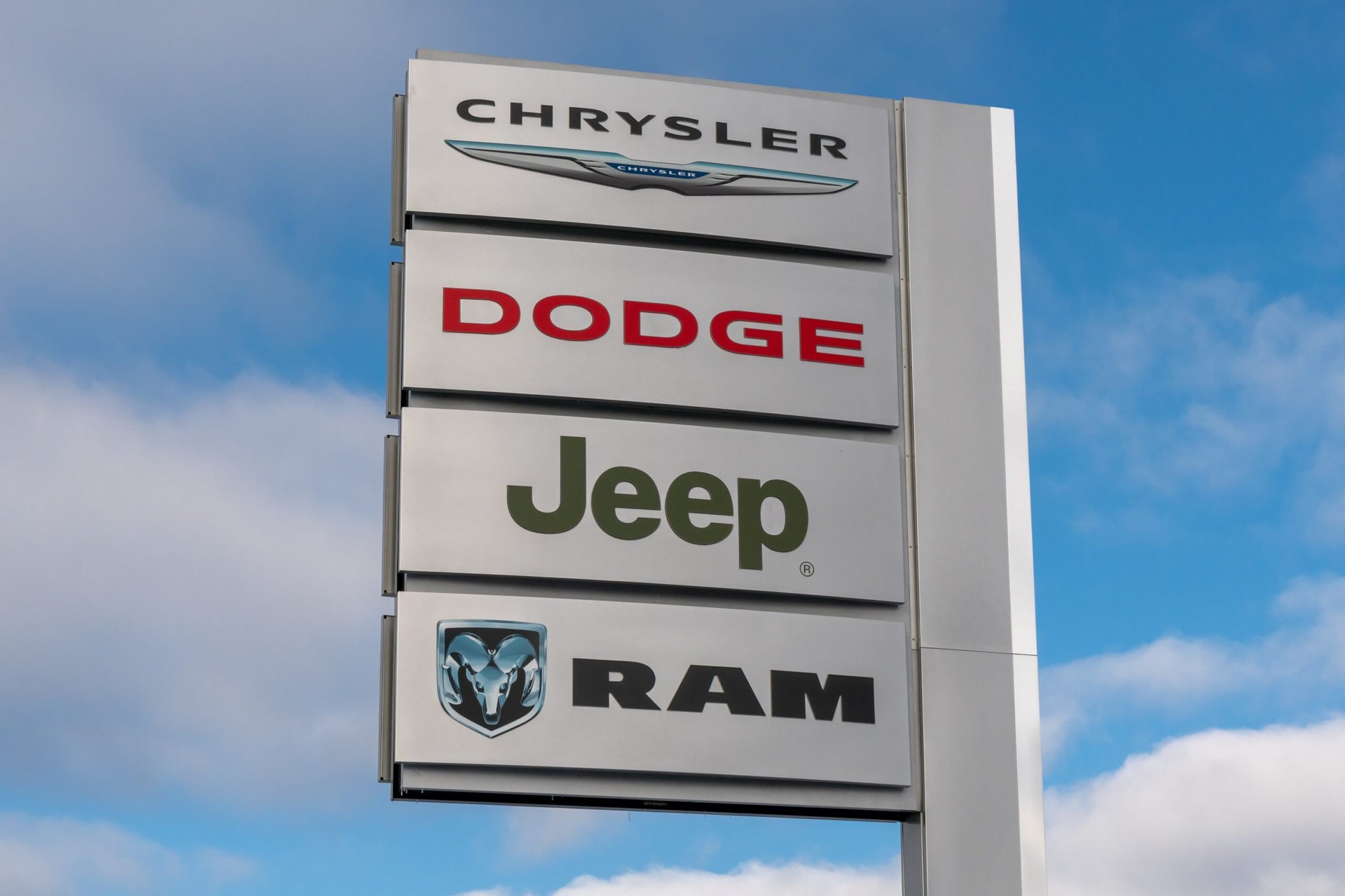 A Chrysler, Dodge, Jeep and Ram dealership sign