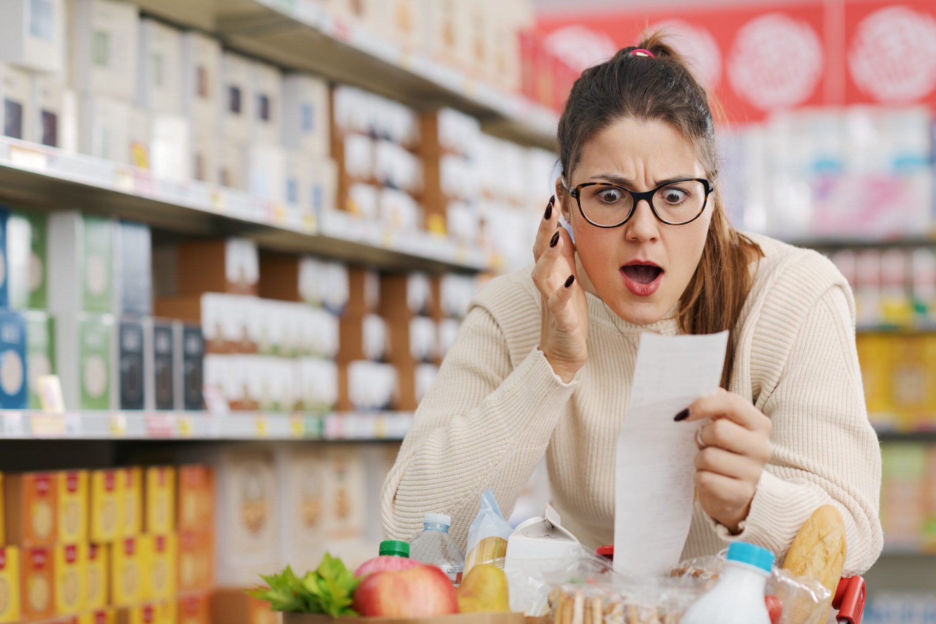 Shocked shopper in the grocery store